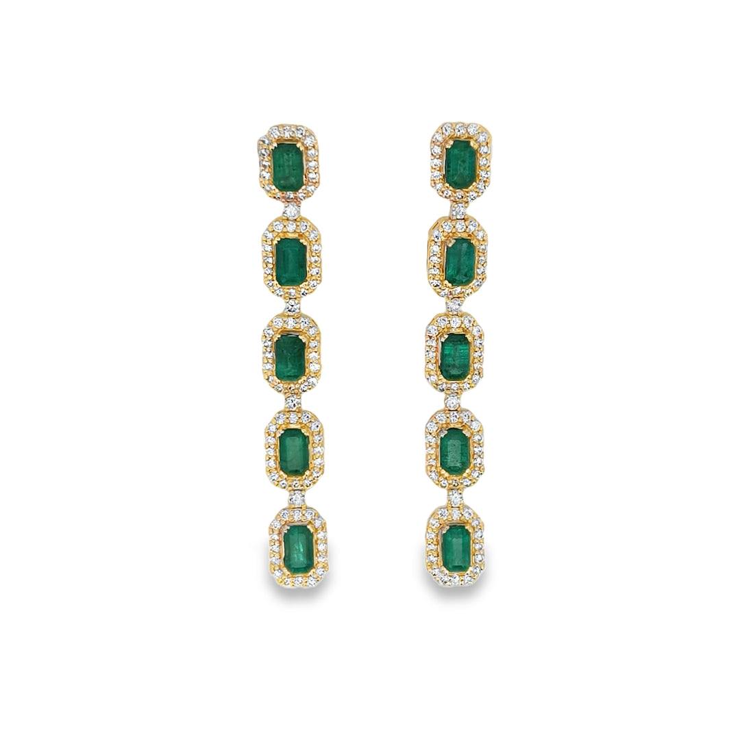 Emerald Long Earrings with Diamond Halo