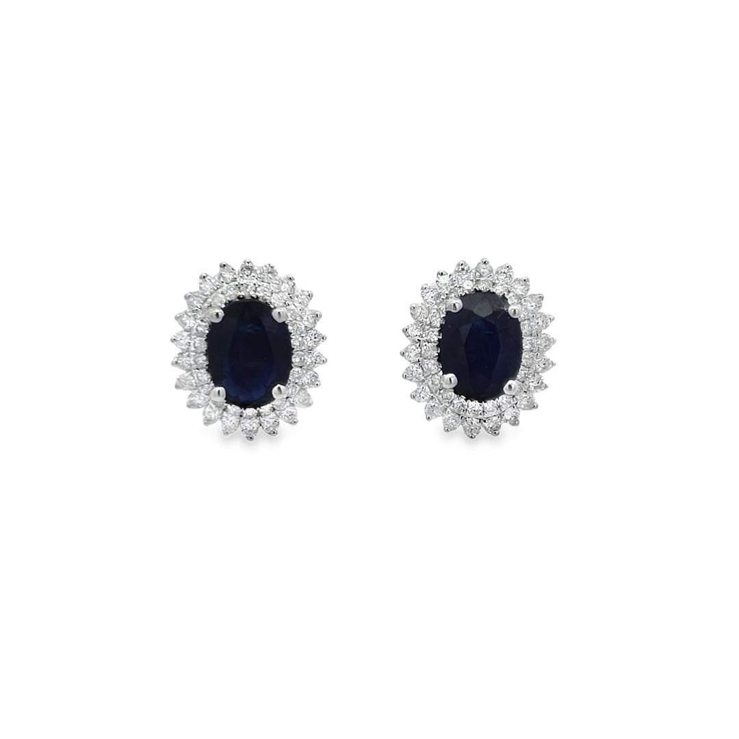 Sapphire Oval Studs with Double Diamond Halo