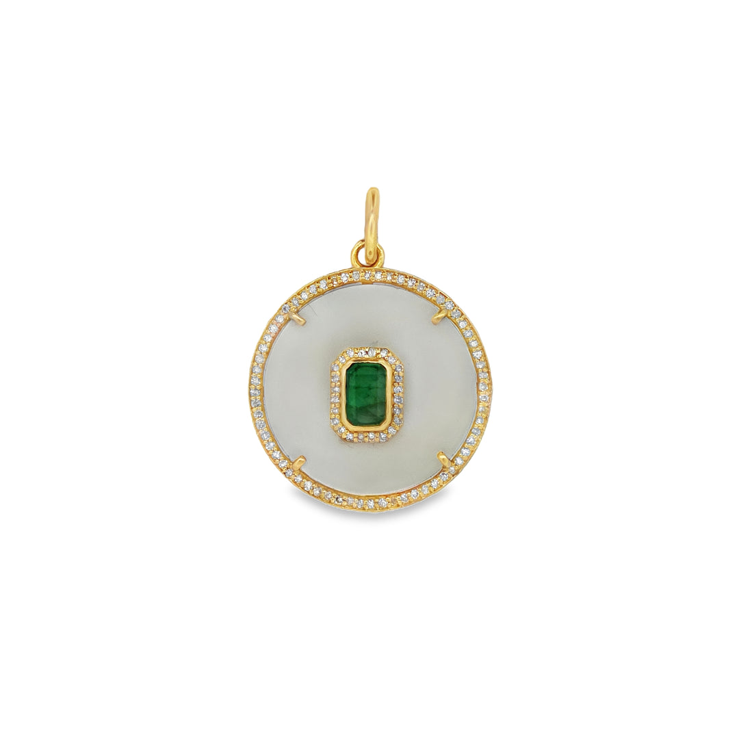 Mother of Pearl, Emerald and Diamonds Circle Pendant